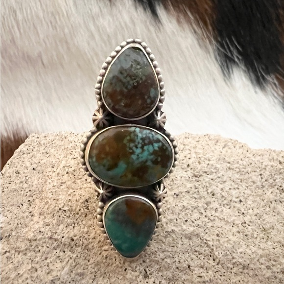 ❤️ Royston Turquoise 3 Stone Matte 925 Sterling Statement Navajo Adjustable Ring